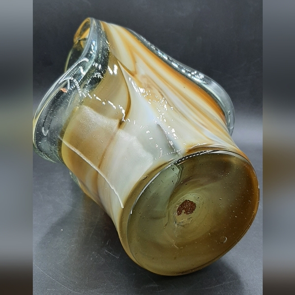 Vintage 15" Stretch Art Glass Basket Vase Browns Swirls Hand Blown Glass - Picture 9 of 9